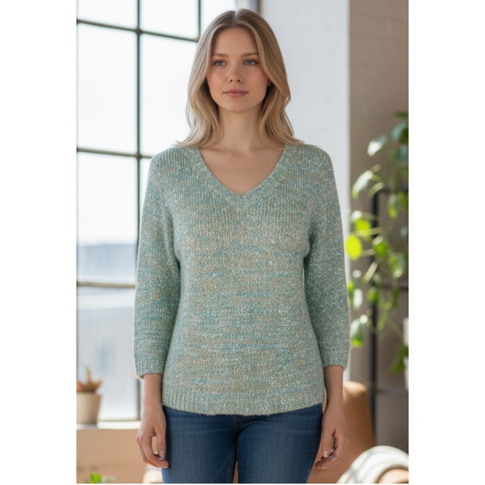 JM Collection Petite Medium V Neck Speckled Knit Sweater 3/4 Sleeve Aqua Gold